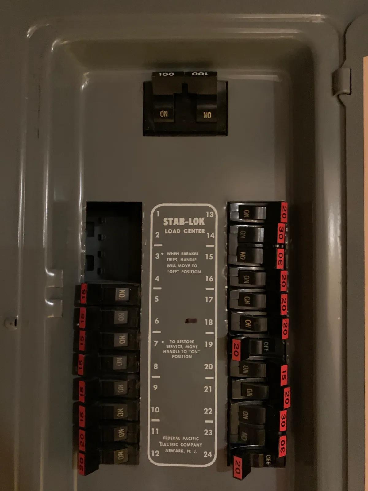 Interior of a Federal Pacific Stab-Lok electrical panel showing rows of breakers with the signature red stripe