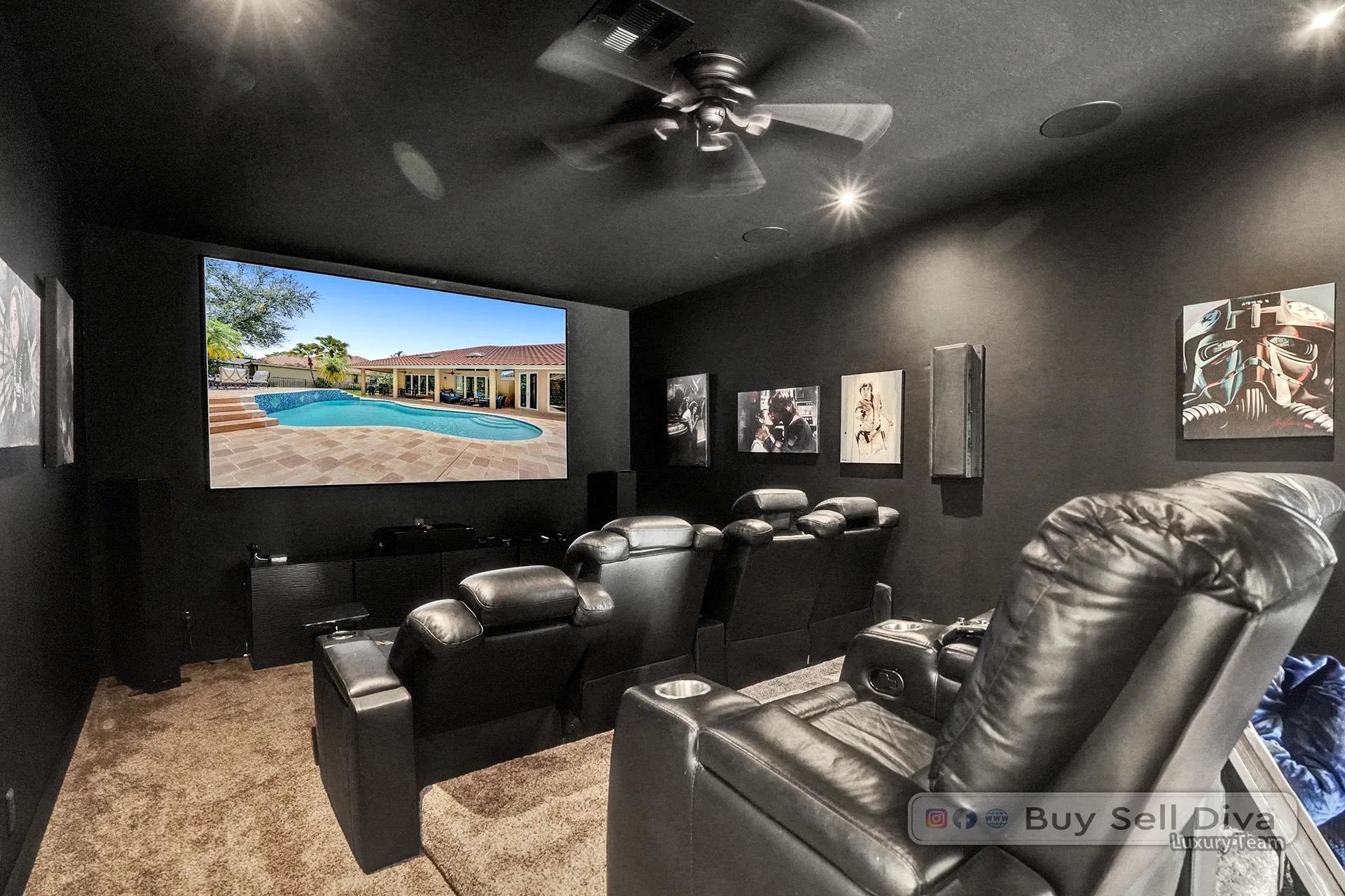 Private home theater room with recliner seating inside the Weston Florida home