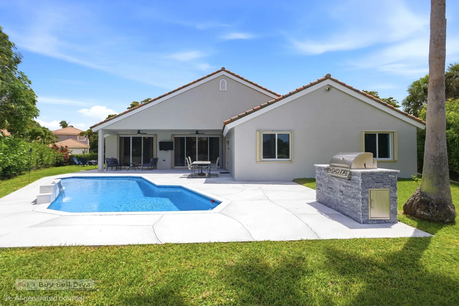 Wide view of the pool, patio, and outdoor kitchen behind the home