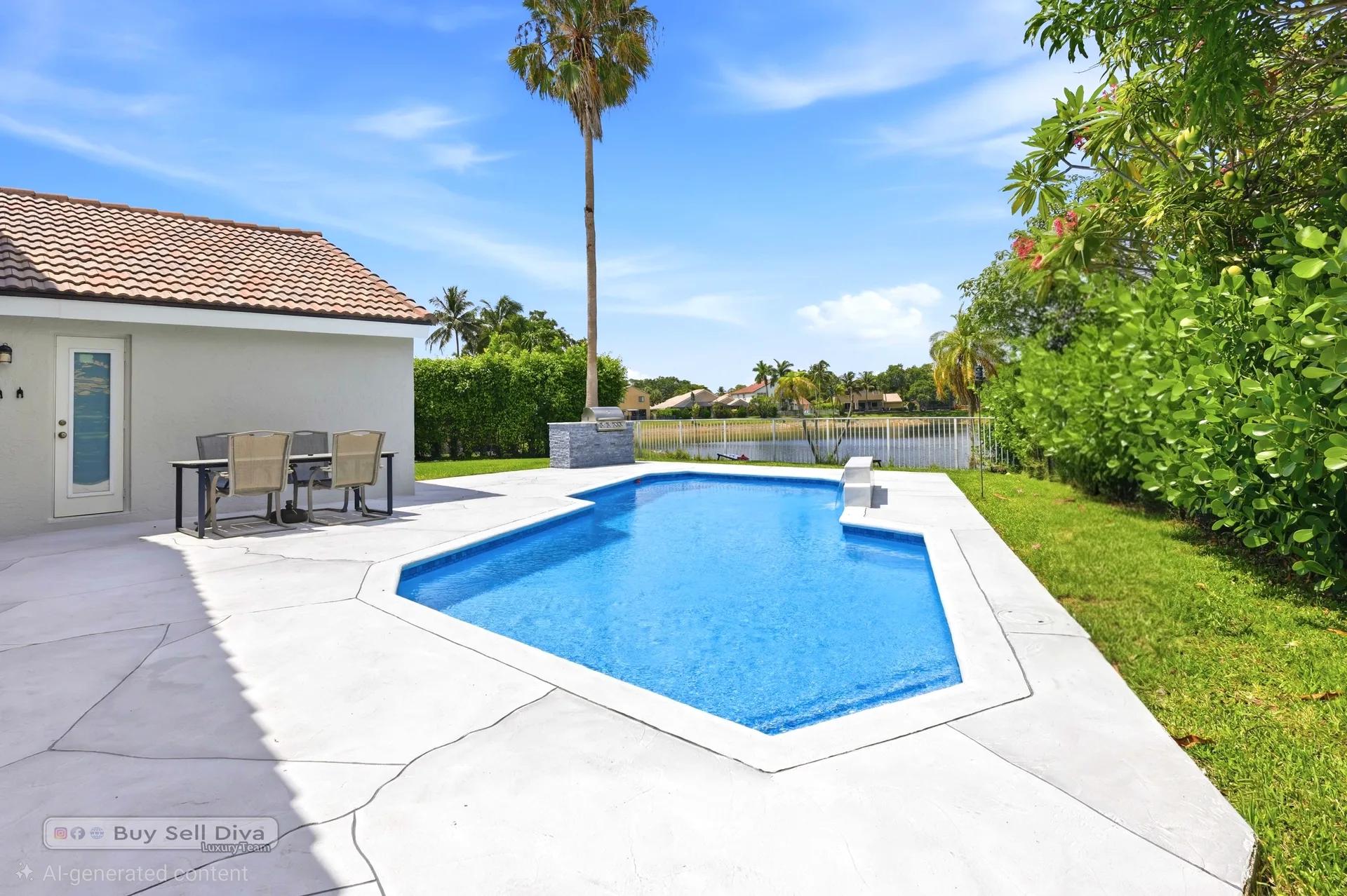 Remodeled pool with lake view behind 7565 NW 75th Drive in Whittier Oaks, Parkland Florida