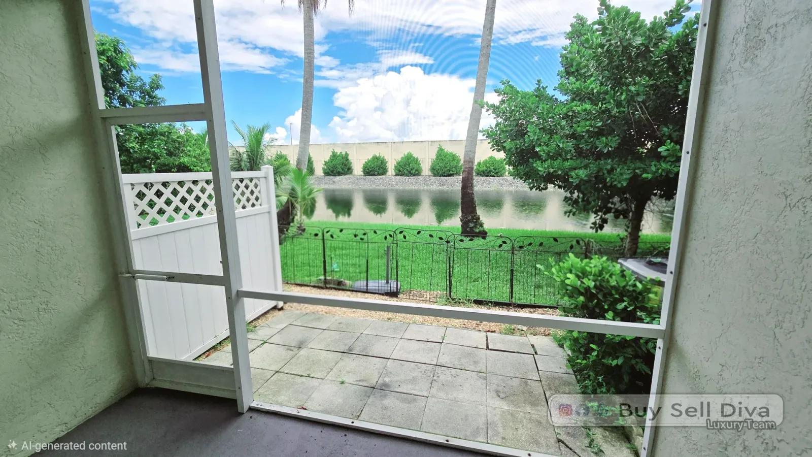 Screened patio opening to the lake behind the Coral Springs lakefront townhome