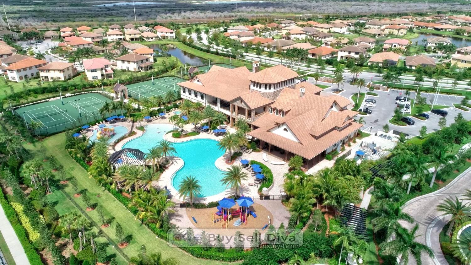Aerial view of the MiraLago clubhouse in Parkland Florida with resort-style pool, splash pad, and tennis courts