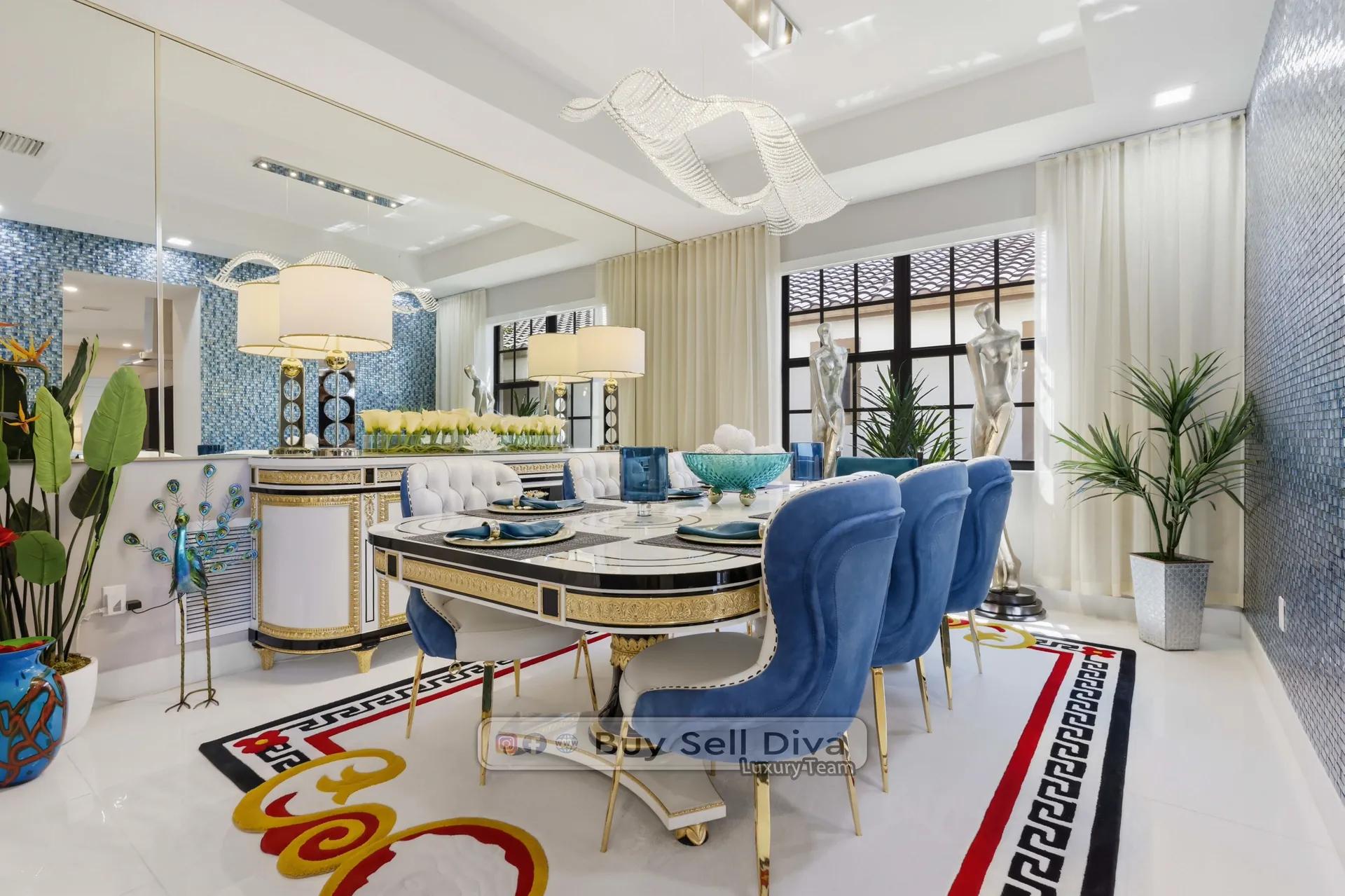Parkland Florida home for sale: formal dining room with blue velvet chairs and blue mosaic feature wall