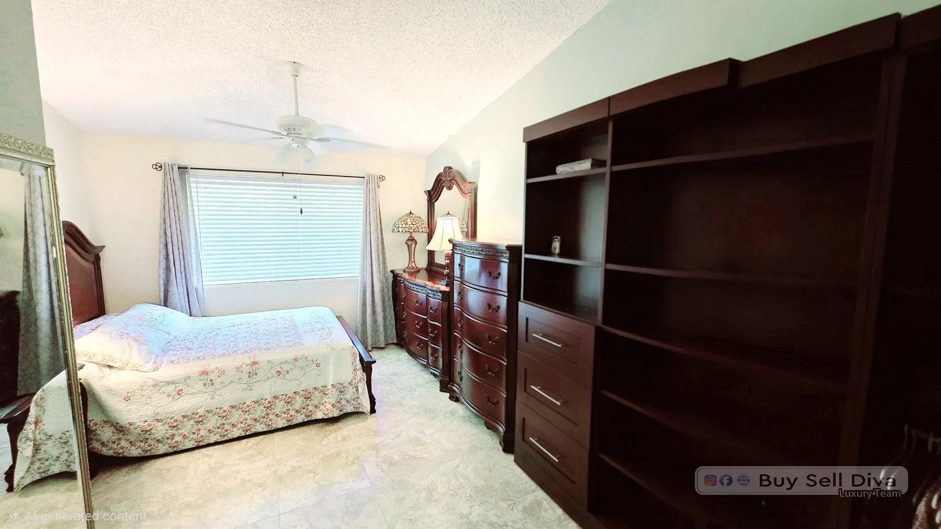 Bedroom with built-in wood shelving and natural light in a Deerfield Beach townhouse rental