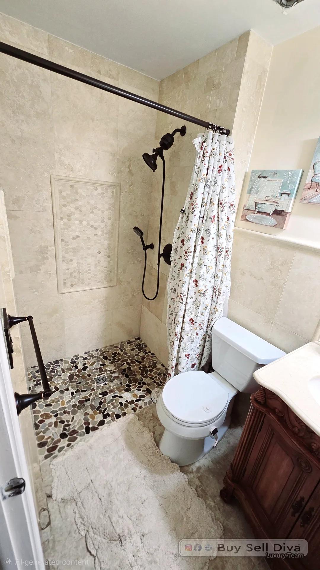 Remodeled bathroom with a walk-in tile shower and pebble-stone floor in a Deerfield Beach rental townhouse