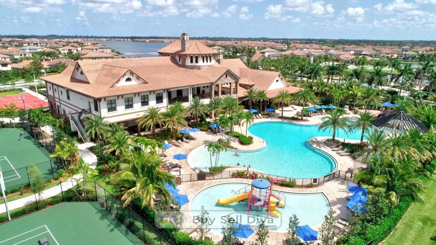 Aerial view of Club MiraLago in Parkland Florida with the resort pool, splash zone, and Lake Majesty behind it