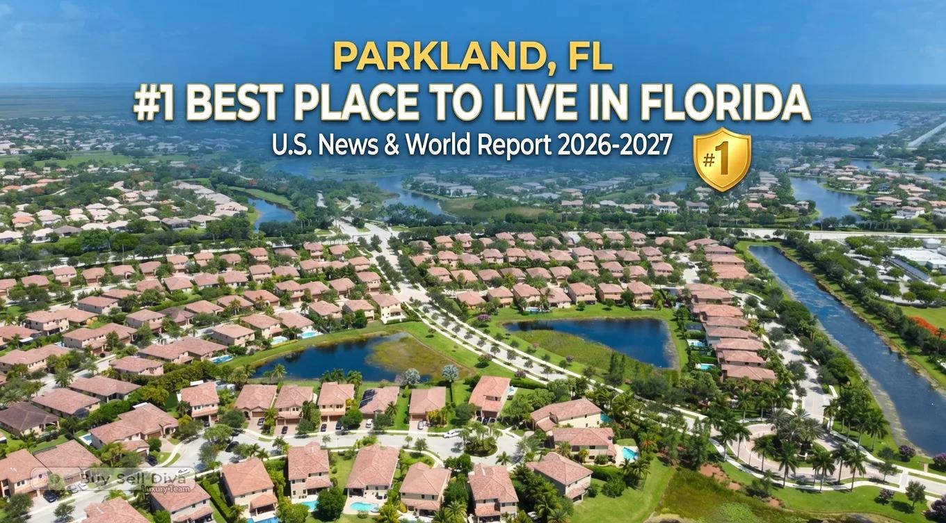 Aerial view of tree-lined homes and lakes in a master-planned Parkland, Florida neighborhood, ranked the number one best place to live in Florida by U.S. News