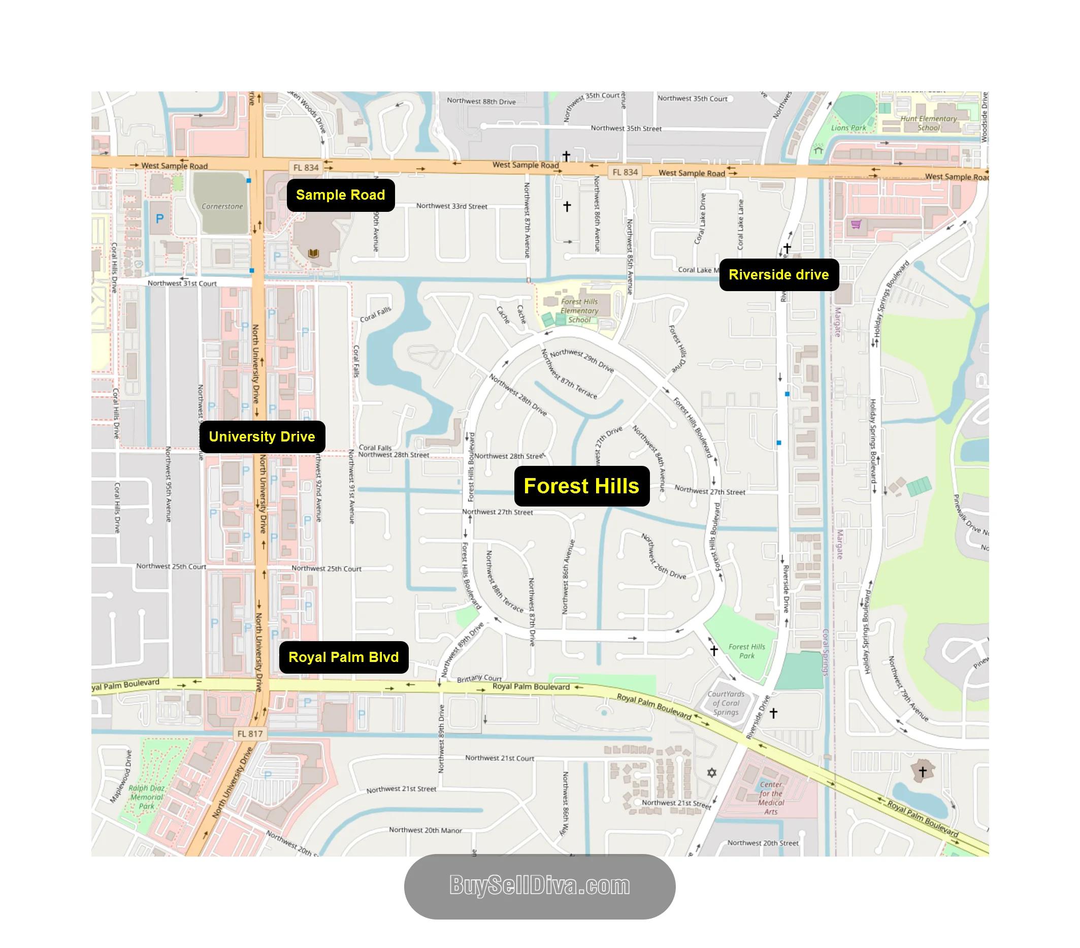 Street map of Forest Hills in Coral Springs, FL bounded by Sample Road, University Drive, Riverside Drive, and Royal Palm Boulevard