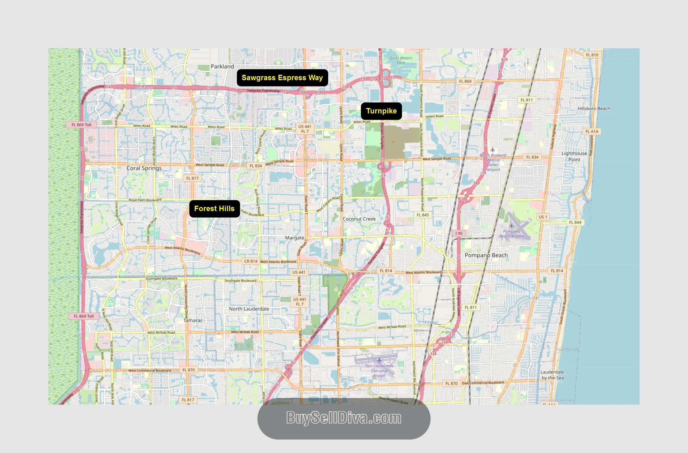Regional map placing Forest Hills, Coral Springs near the Sawgrass Expressway and Florida Turnpike with easy reach to the South Florida coast